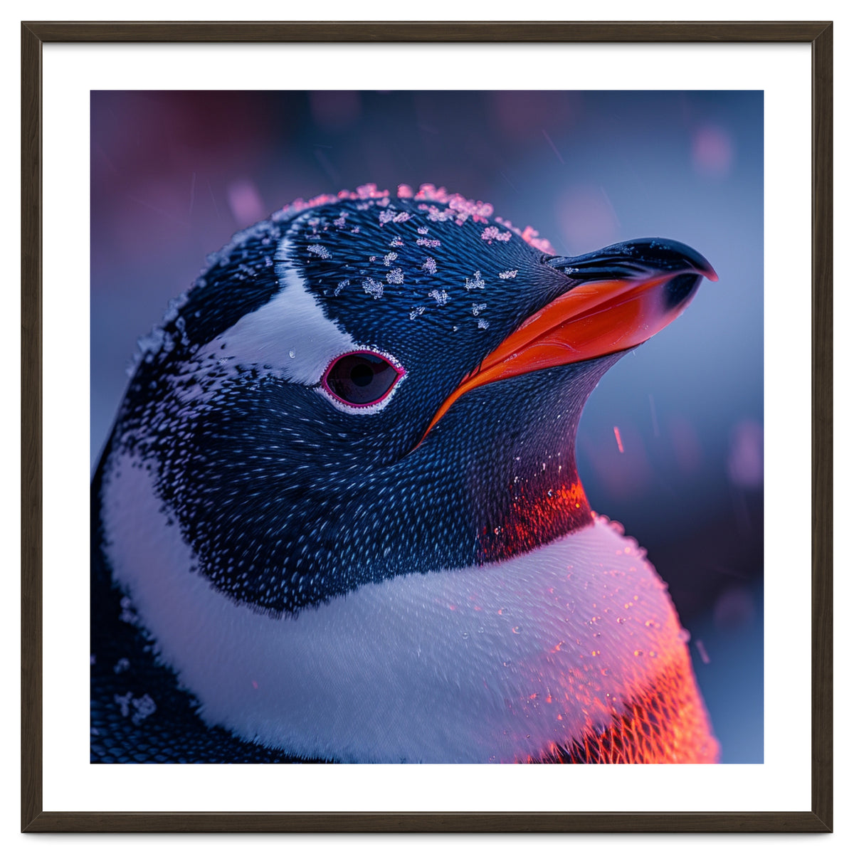 Close Up Penguin With Snowflakes On Head