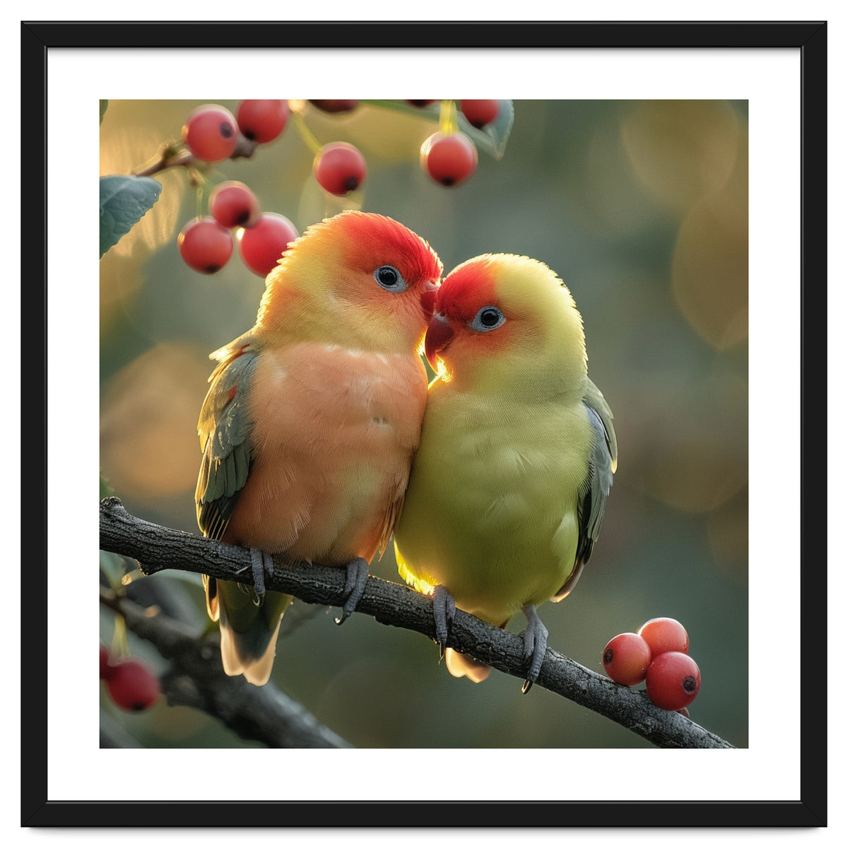 Two Lovebirds Sitting On A Branch