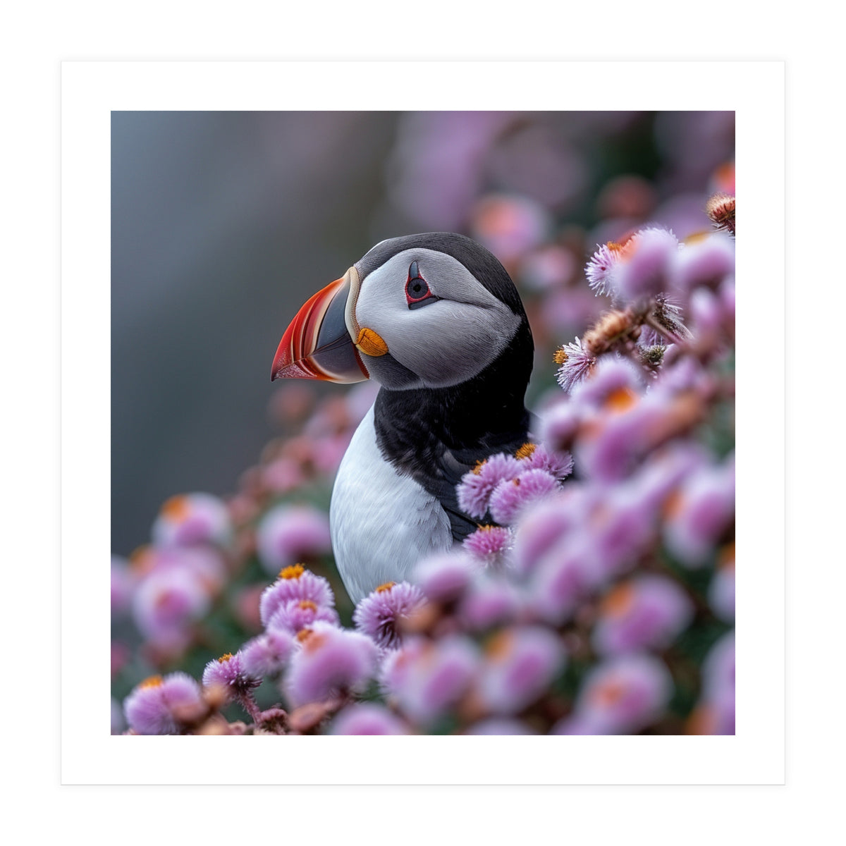 Atlantic Puffin Amidst Pink Heather Flowers (Print Only)