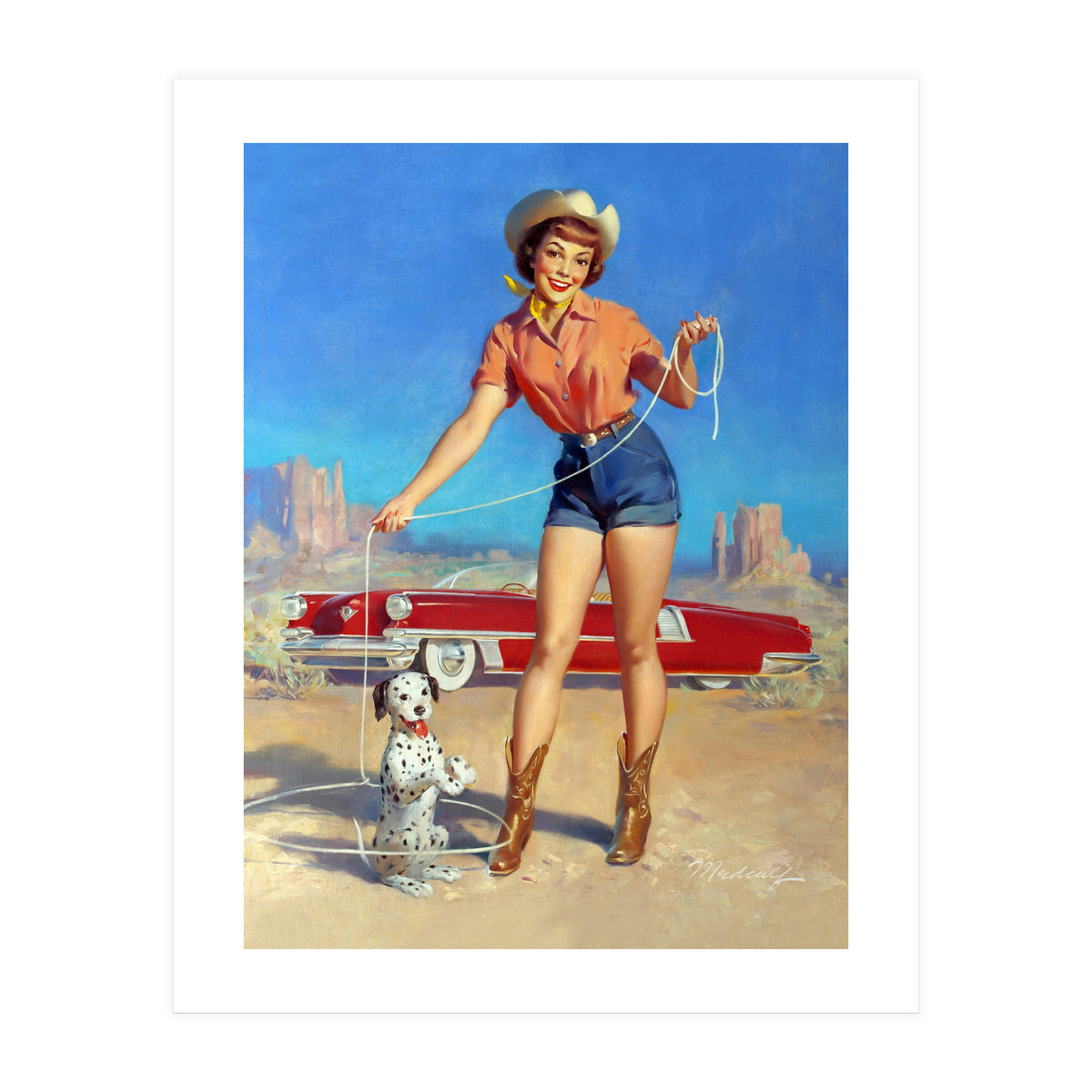 Pinup Cowgirl Showing A New Dog Trick (Print Only)