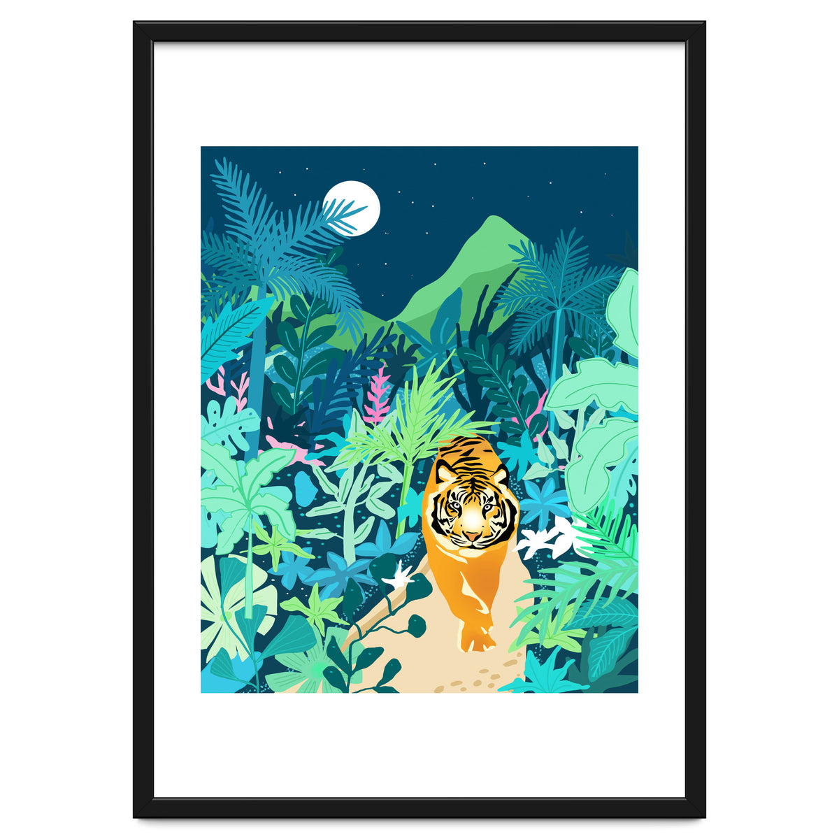 Tiger Walk, Bohemian Jungle Maximalist Nature, Botanical Forest Plants Moon Wild Animals