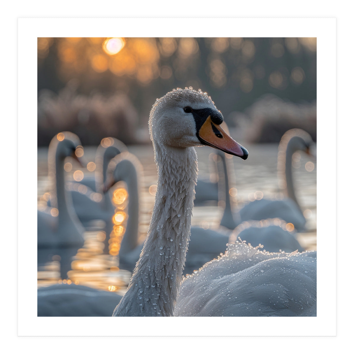 Close Up Of Swan With Water Droplets At Sunrise (Print Only)
