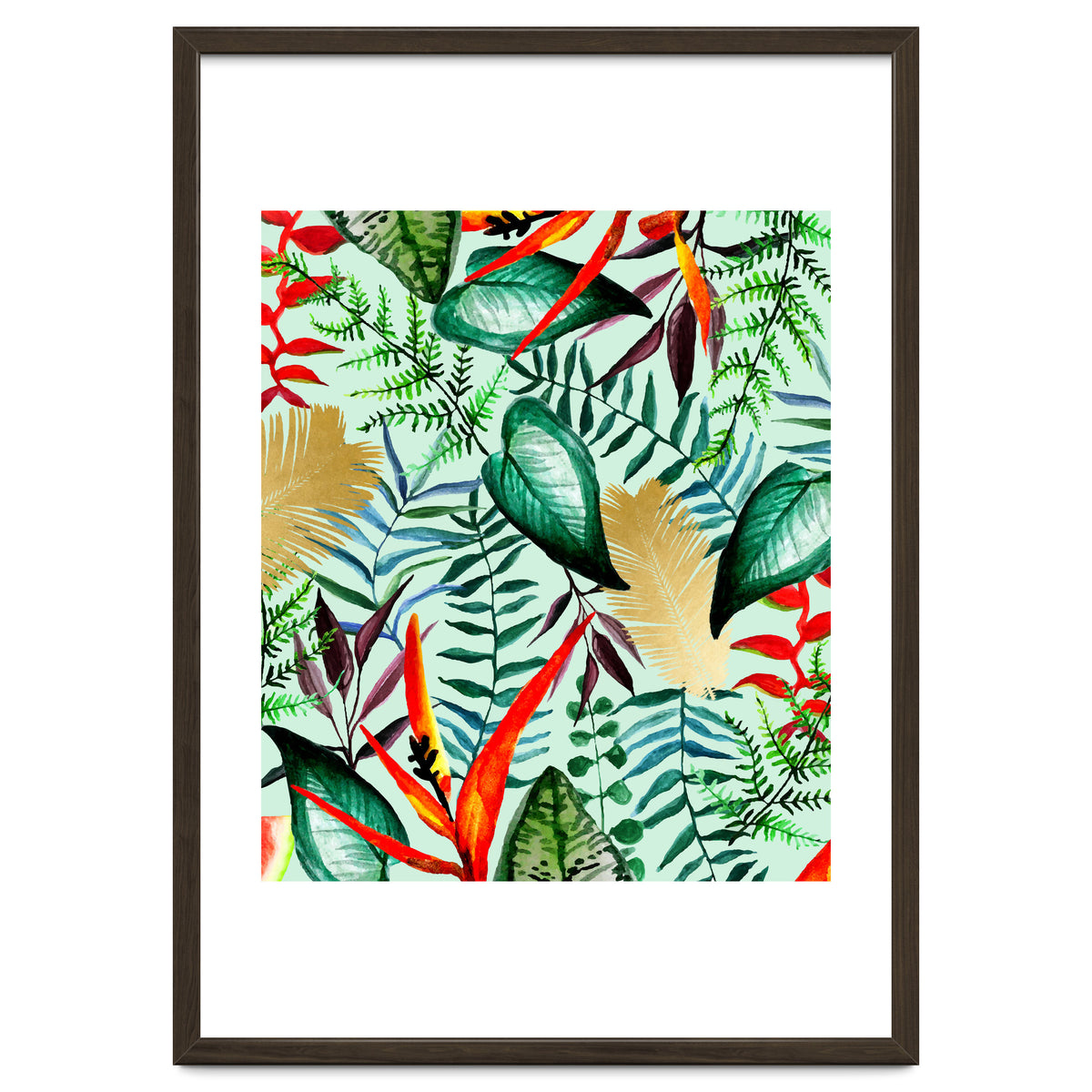 Paradise, Tropical Jungle Botanical Bohemian Illustration, Palm Bird of Paradise Gold Painting