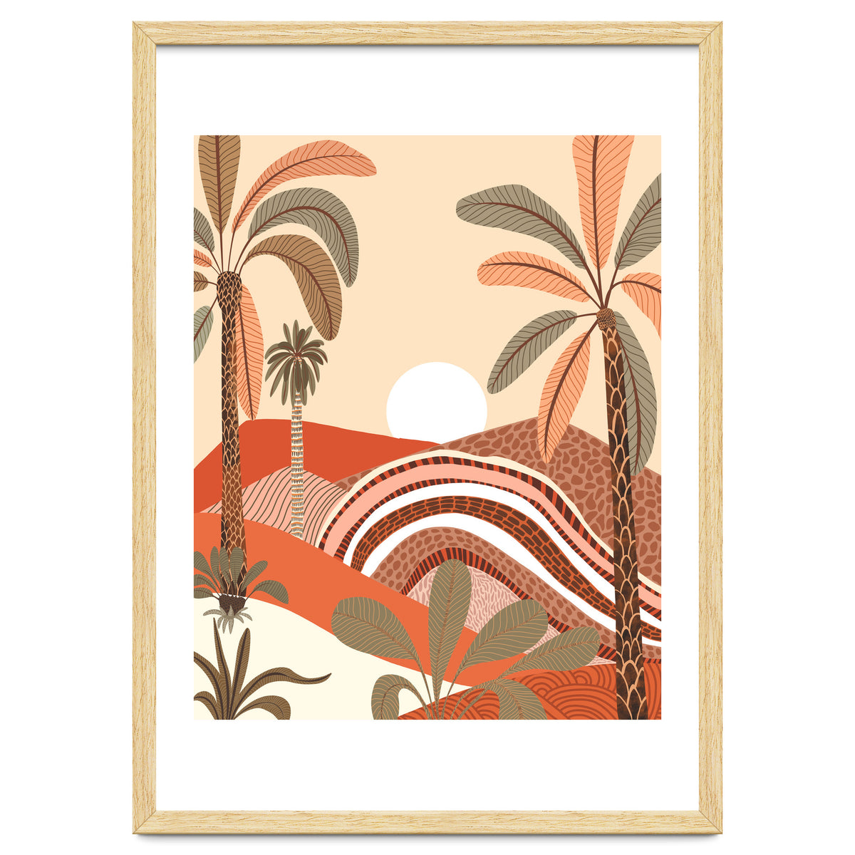 Epiphany, Pastel Rustic Sunrise Sunset, Bohemian Nature Landscape Illustration, Mountains Adventure Palm Trees