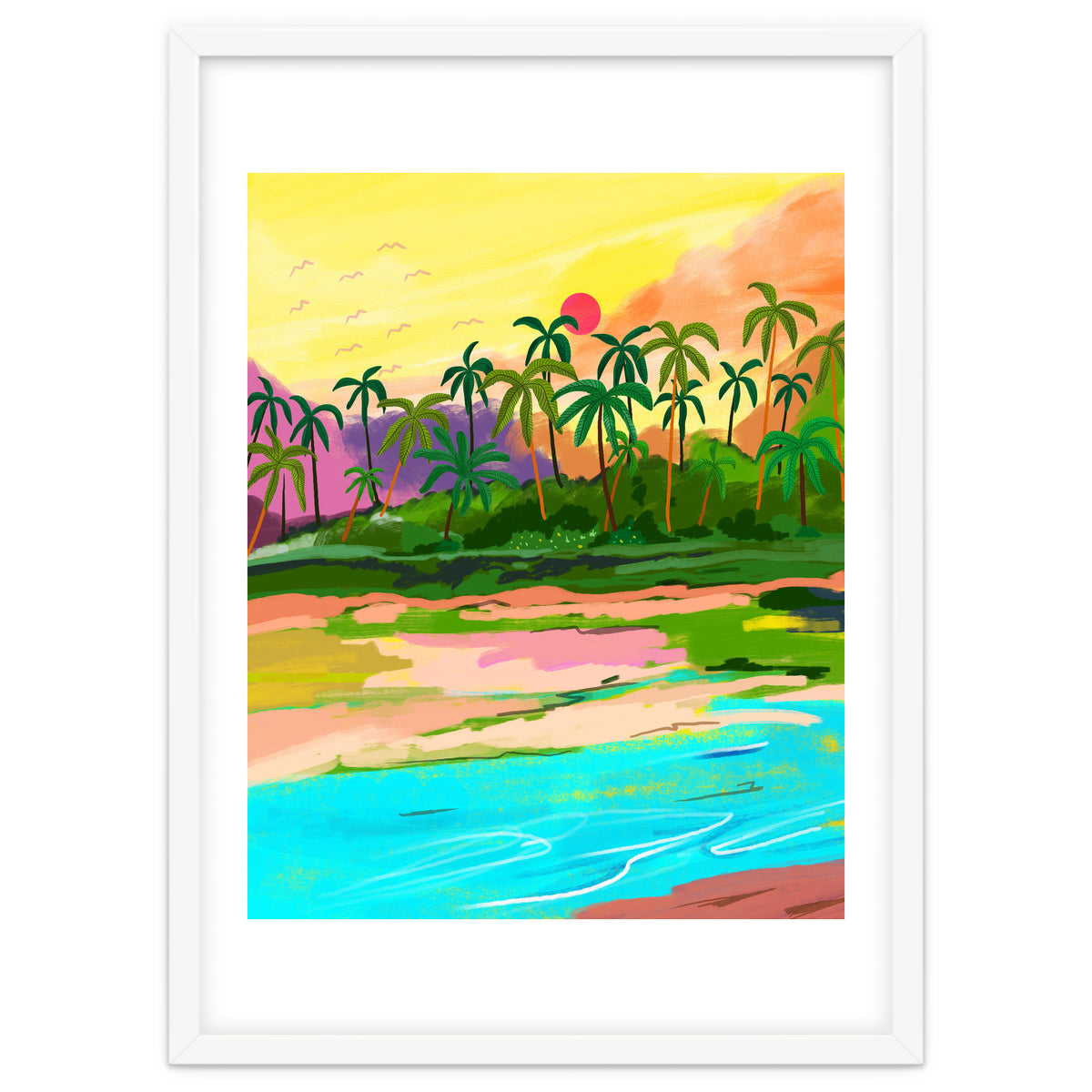 Tropical Backwaters Of Kerala, Nature Jungle Forest Landscape Painting, Dreamy Scenic Travel Lake Palm Bohemian