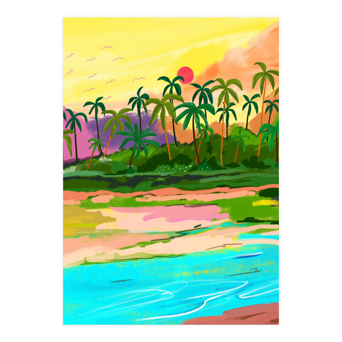 Tropical Backwaters Of Kerala, Nature Jungle Forest Landscape Painting, Dreamy Scenic Travel Lake Palm Bohemian (Print Only)