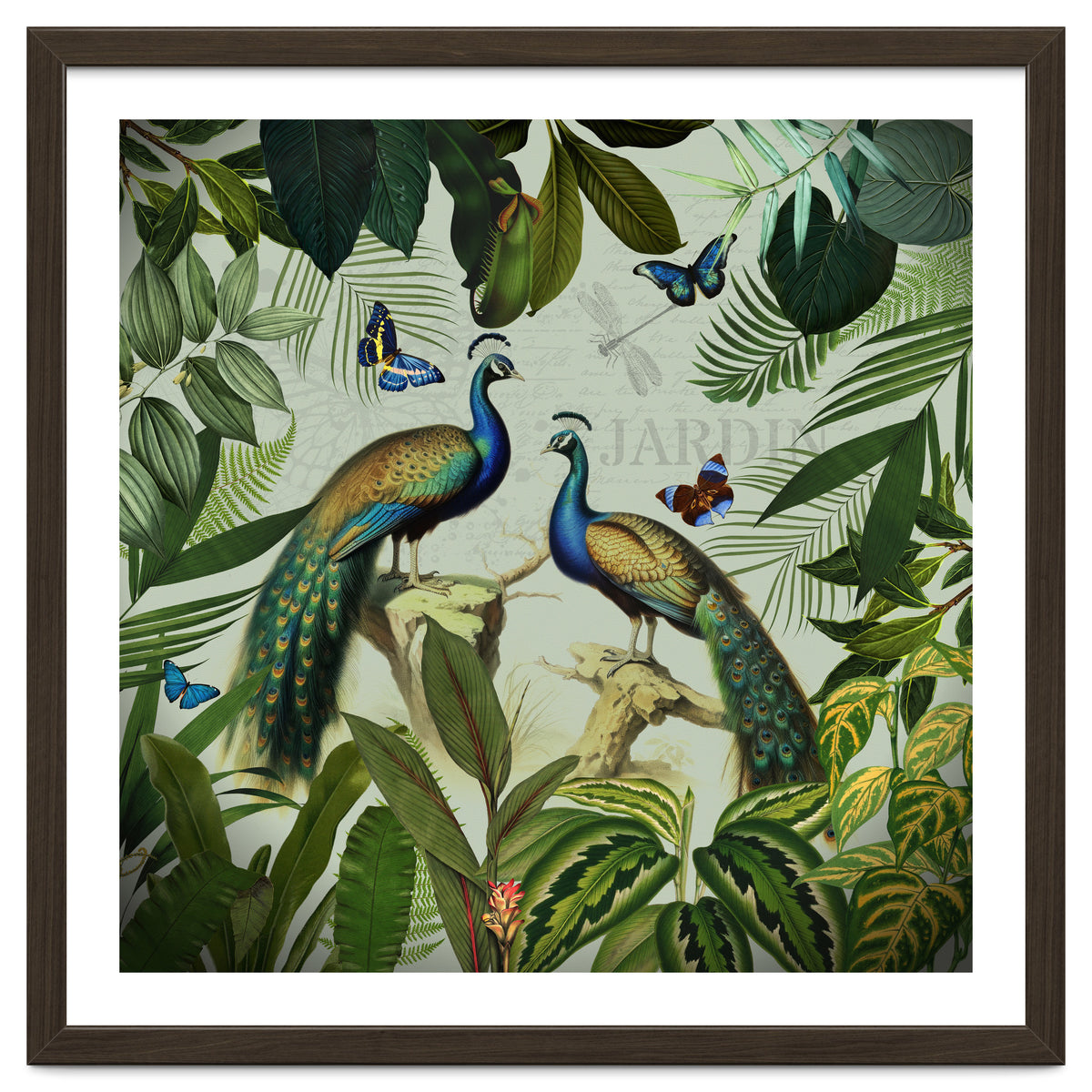Vintage Exotic Asian Peacocks In Tropical Jungle Landscape