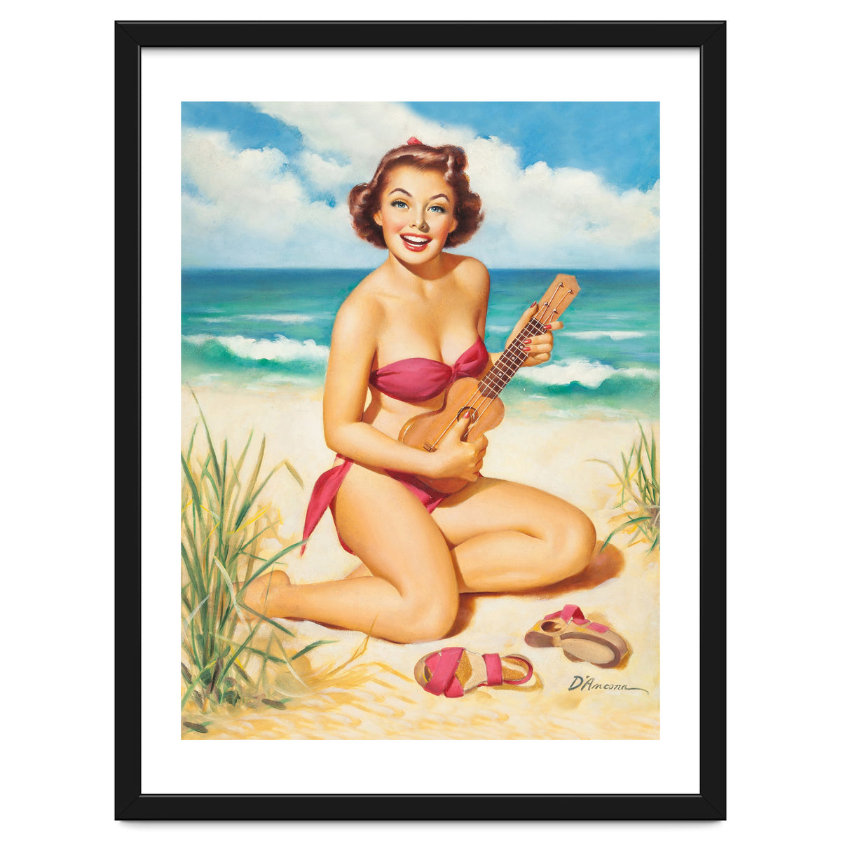 Pinup Girl Playing Ukulele On The Beach