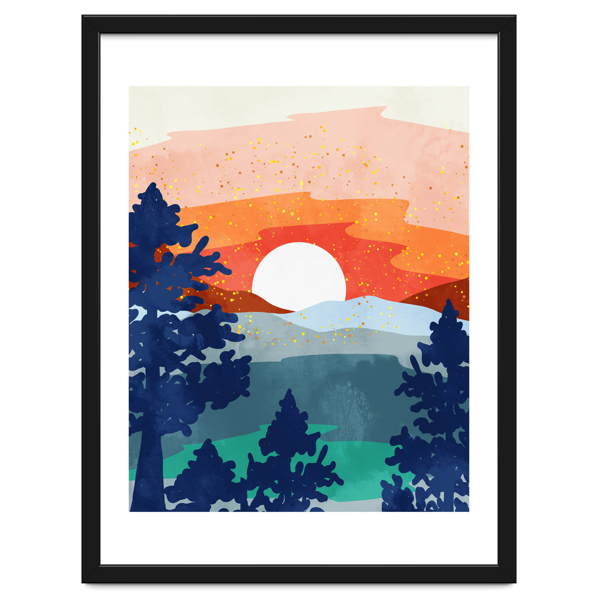 A Magical Sunset, Landscape Nature Illustration, Minimal Bohemian Painting, Mountains Adventure Travel