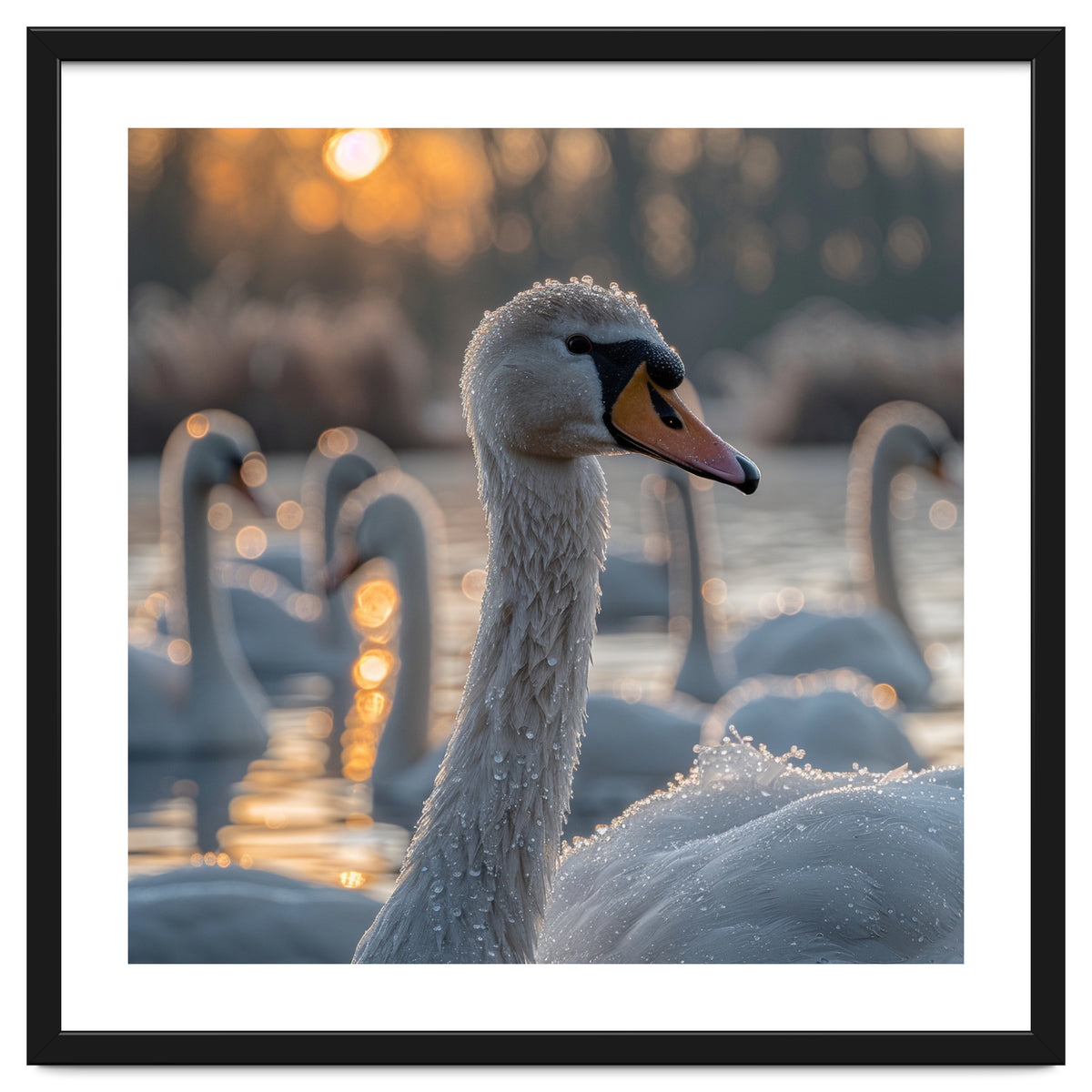 Close Up Of Swan With Water Droplets At Sunrise