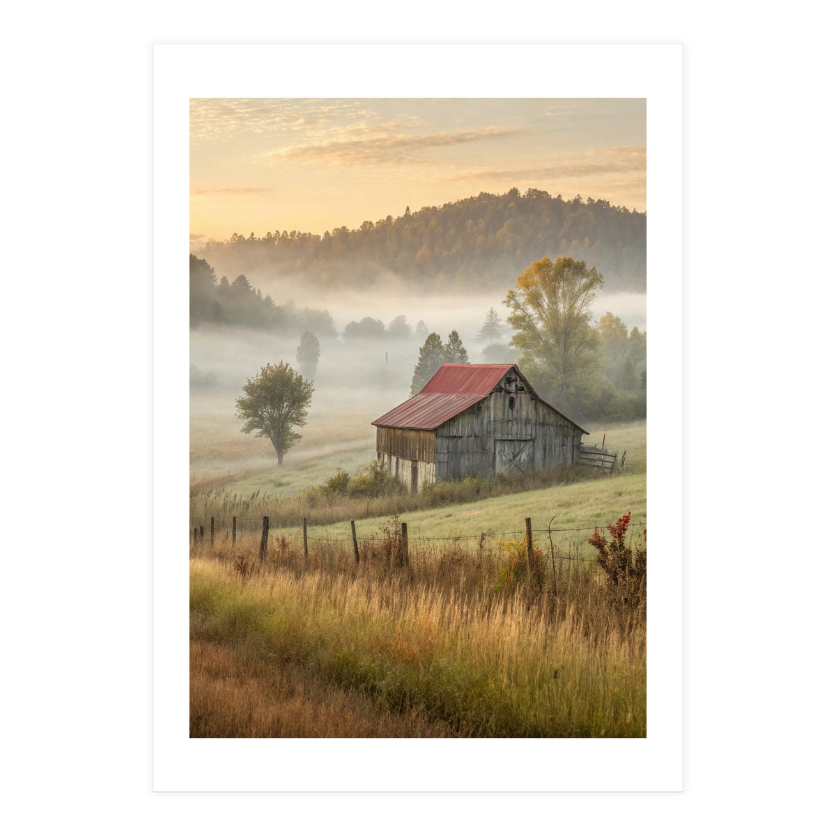 Rustic Red Roof Barn in Misty Morning Valley Landscape (Print Only)