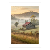 Rustic Red Roof Barn in Misty Morning Valley Landscape (Print Only)