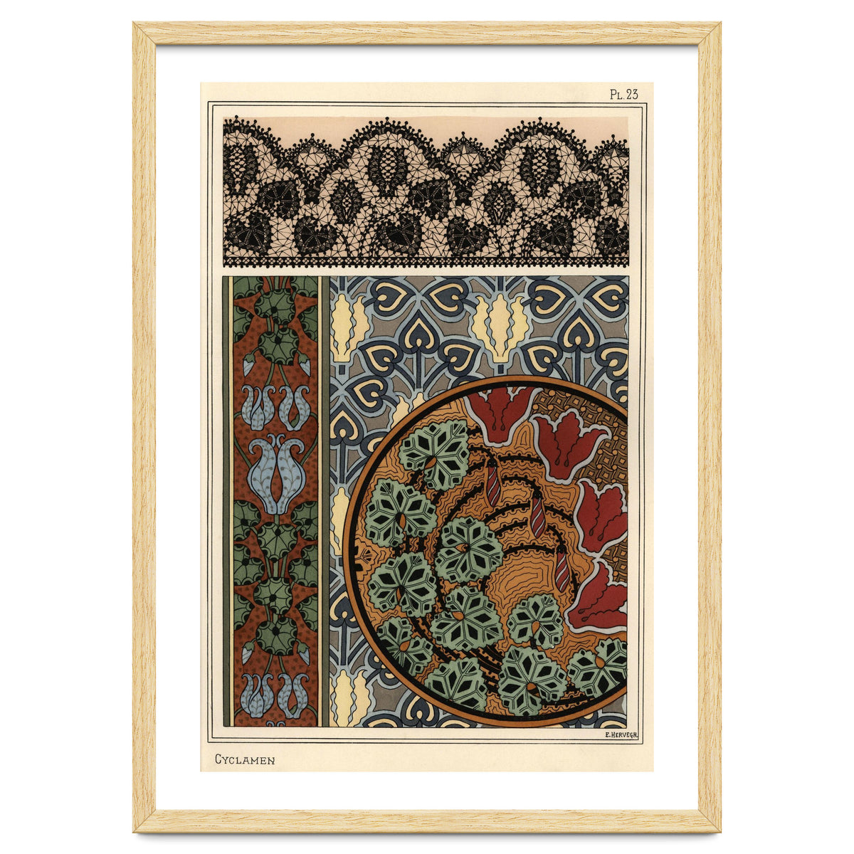 Cyclamen persicum motif in patterns for lace, wallpaper and fabric.