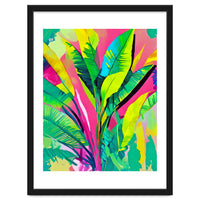 Pink Summer & Banana Leaves, Tropical Jungle Pop Of Color Nature, Forest Plants Bohemian Eclectic Watercolor Painting