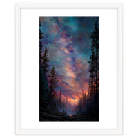 Magical Milky Way Night Sky over Pine Forest Silhouette Art