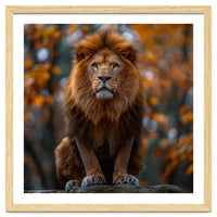 Majestic Lion Sitting On A Rock In Autumn Forest
