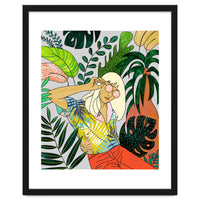 Spring Break, Tropical Bohemian Travel Line Art, Woman Fashion Palm Forest Jungle Watercolor Nature