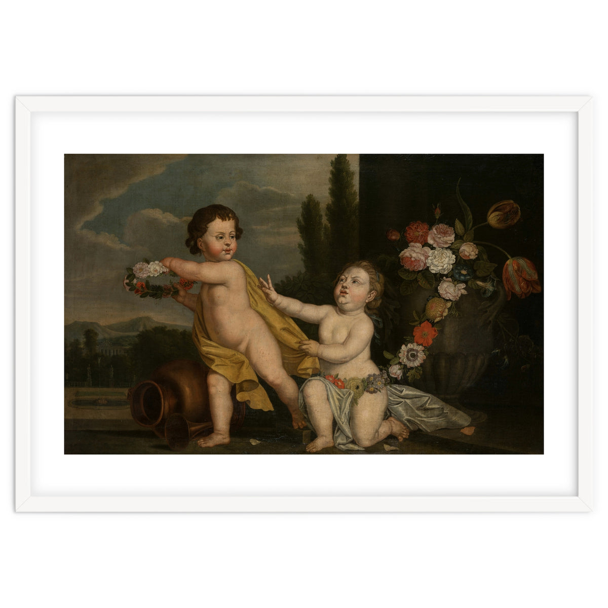 German Master (18th Century) – Two Putti with Garlands of Flowers