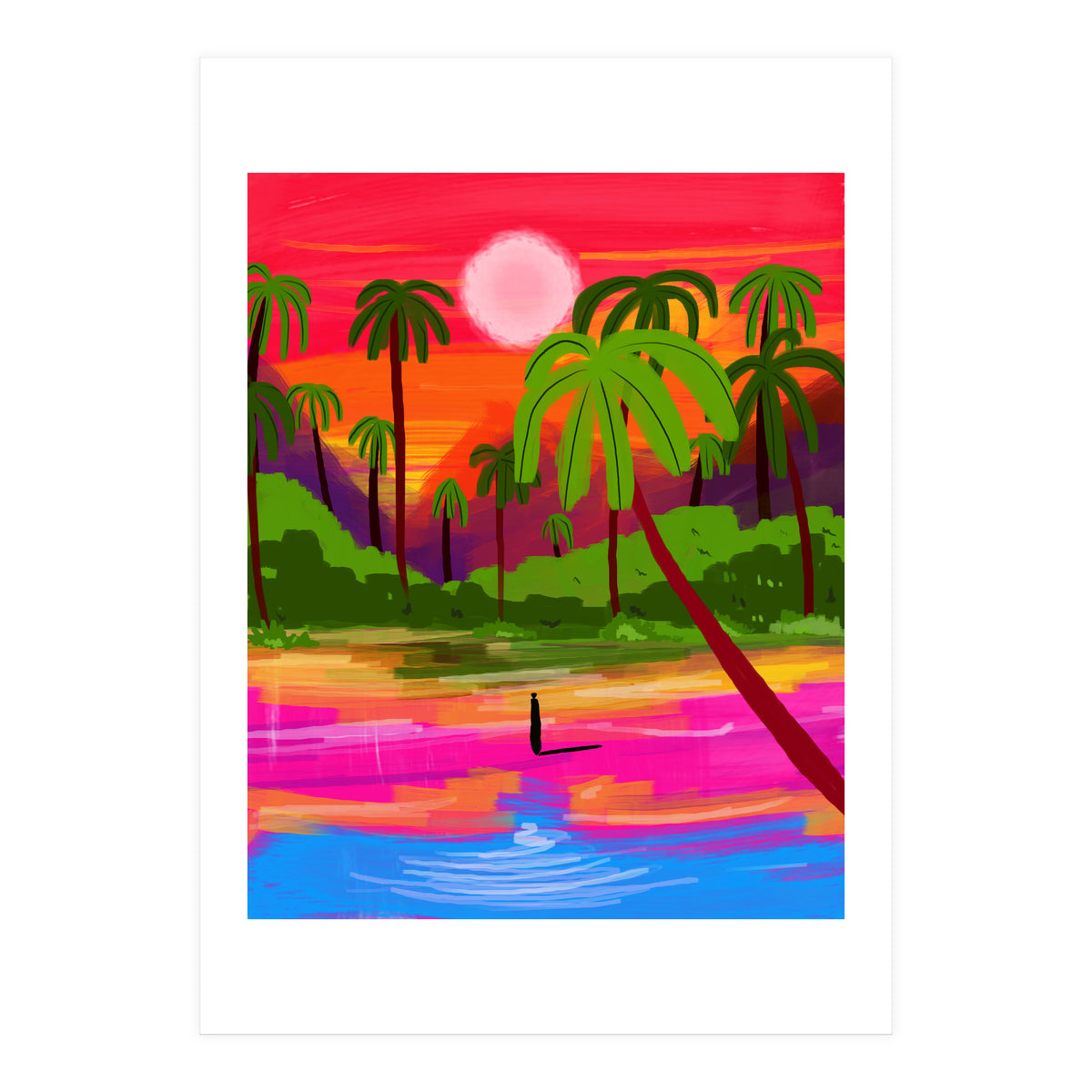 My Shadow & I, Sunset Painting Lake Beach Seashore, Tropical Nature Landscape Colorful Bohemian Traditional, Travel Concept Companion (Print Only)