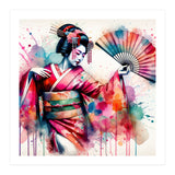 Vibrant Geisha With Rainbow Hand Fan (Print Only) thumbnail