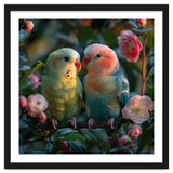 Two Lovebirds Perched On A Branch Near Flowers thumbnail