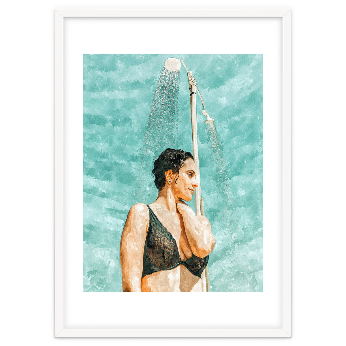 Bathe | Woman Pool Shower | Summer Swim Watercolor Painting | Brunette Bikini Boho Fashion