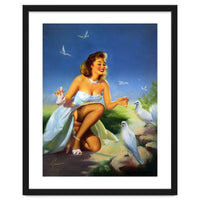 Beautiful Pinup Girl Feeding White Pigeons