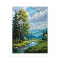 Serene Mountain River Landscape Oil Painting (Print Only)