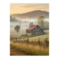 Rustic Red Roof Barn in Misty Morning Valley Landscape (Print Only)