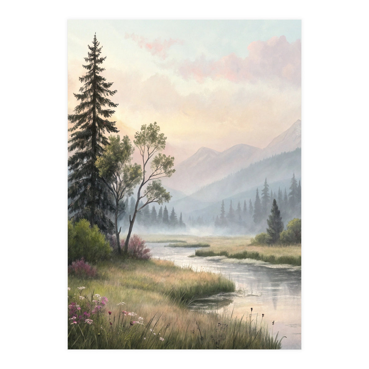 Dreamy Alpine Valley Landscape Painting (Print Only)