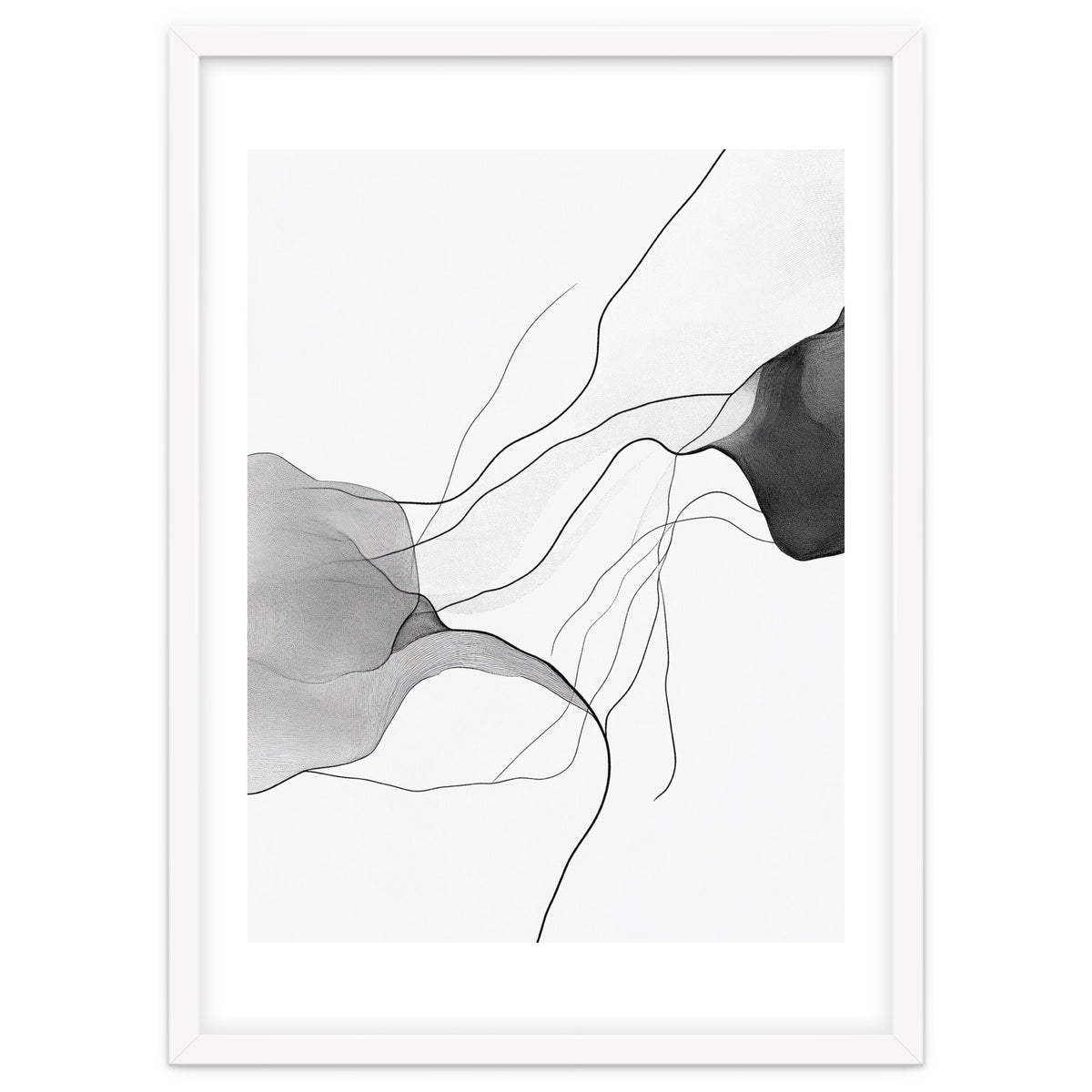 Abstract Black And White Flowing Lines And Shapes On White Background