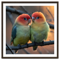 Two Lovebirds Perched On A Branch At Sunset