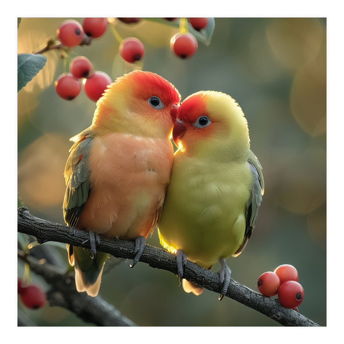 Two Lovebirds Sitting On A Branch (Print Only)