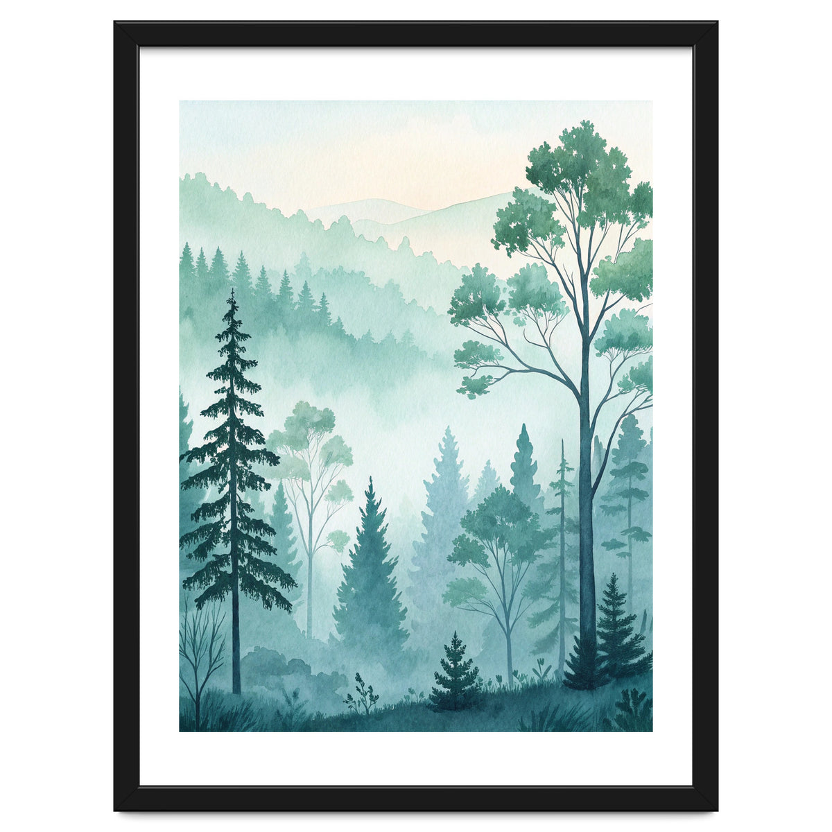Ethereal Misty Pine Forest Watercolor Art