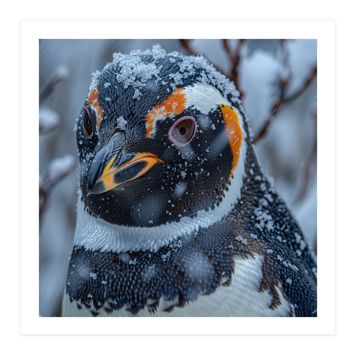 Penguin In Snow Falling Close Up Portrait (Print Only)