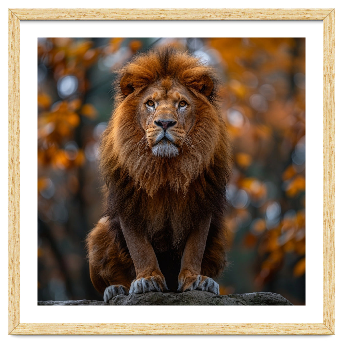 Majestic Lion Sitting On A Rock In Autumn Forest
