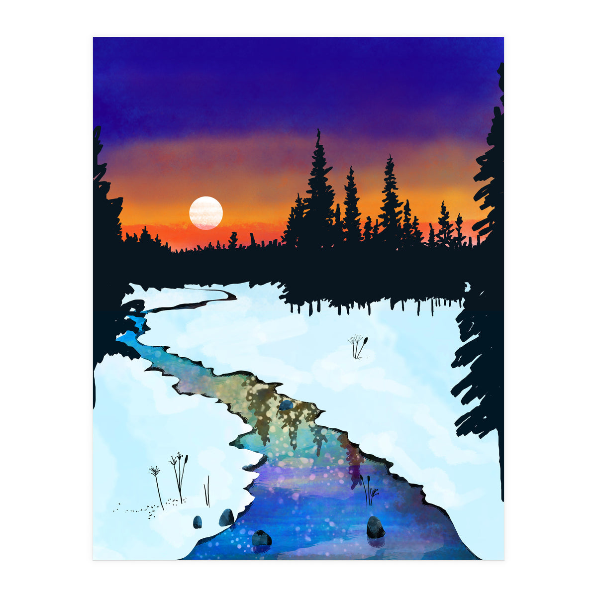 Purple Midnight, Snow River Full Moon Nature Landscape Painting, Winter Travel Adventure Places (Print Only)