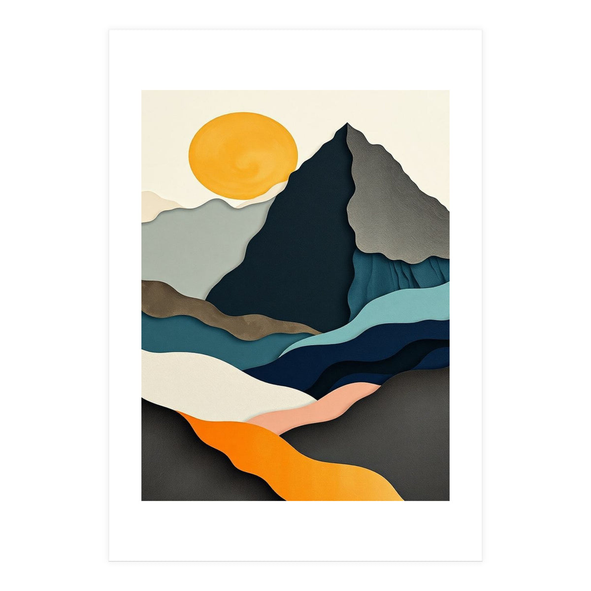 Minimalist Layered Mountain Landscape with Golden Sun (Print Only)