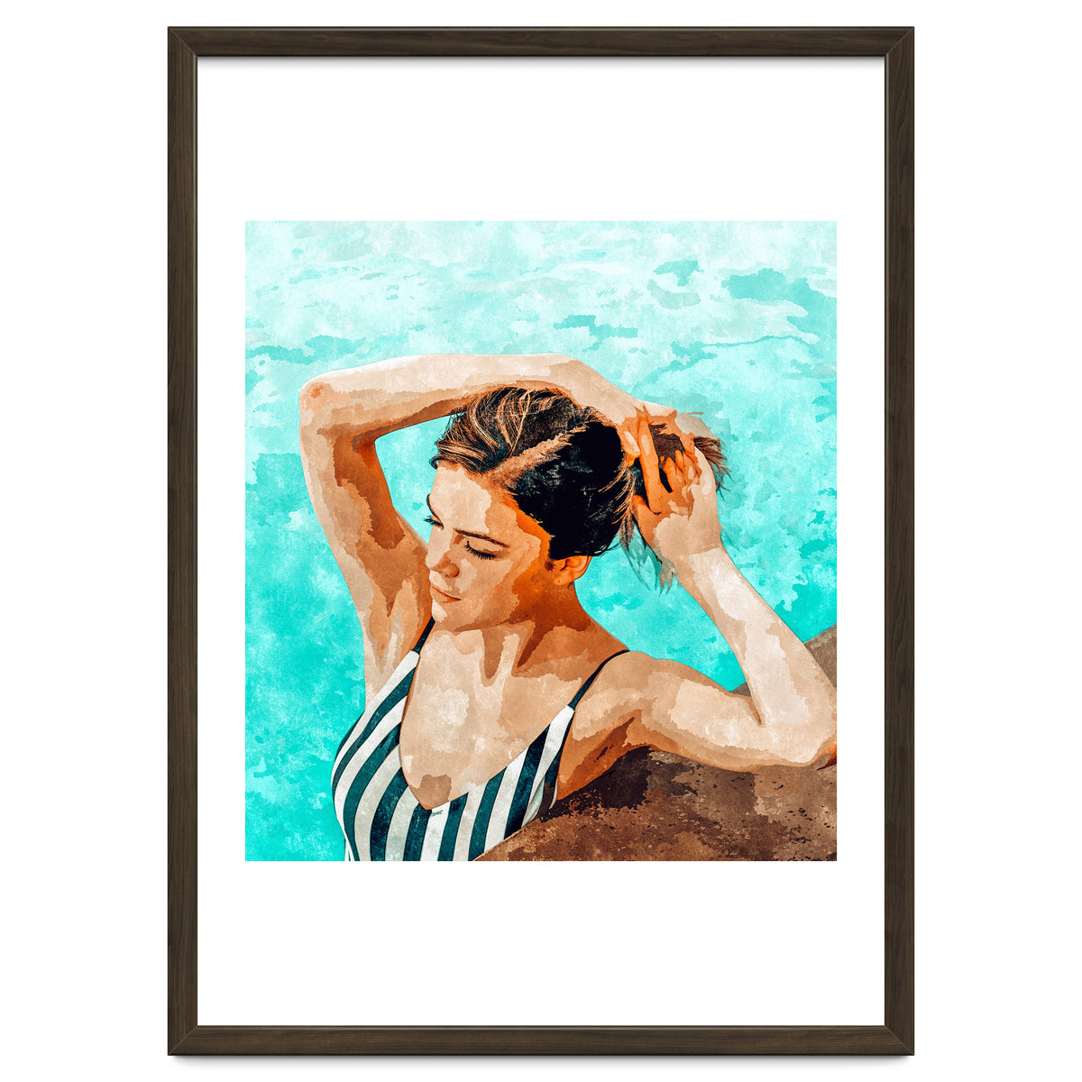 Simulacrum | Modern Bohemian Woman Swim | Summer Swimming Pool Fashion Watercolor Painting