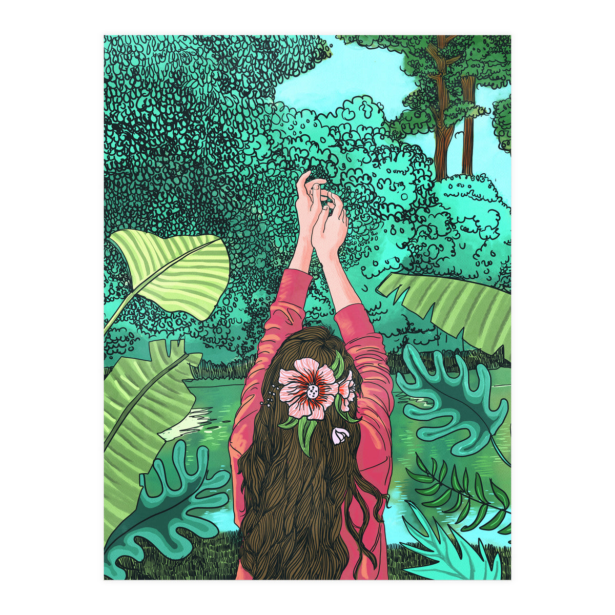 Comic Book Jungle | Tropical Banana Leaves Travel | Line Art Forest Botanical Illustration (Print Only)