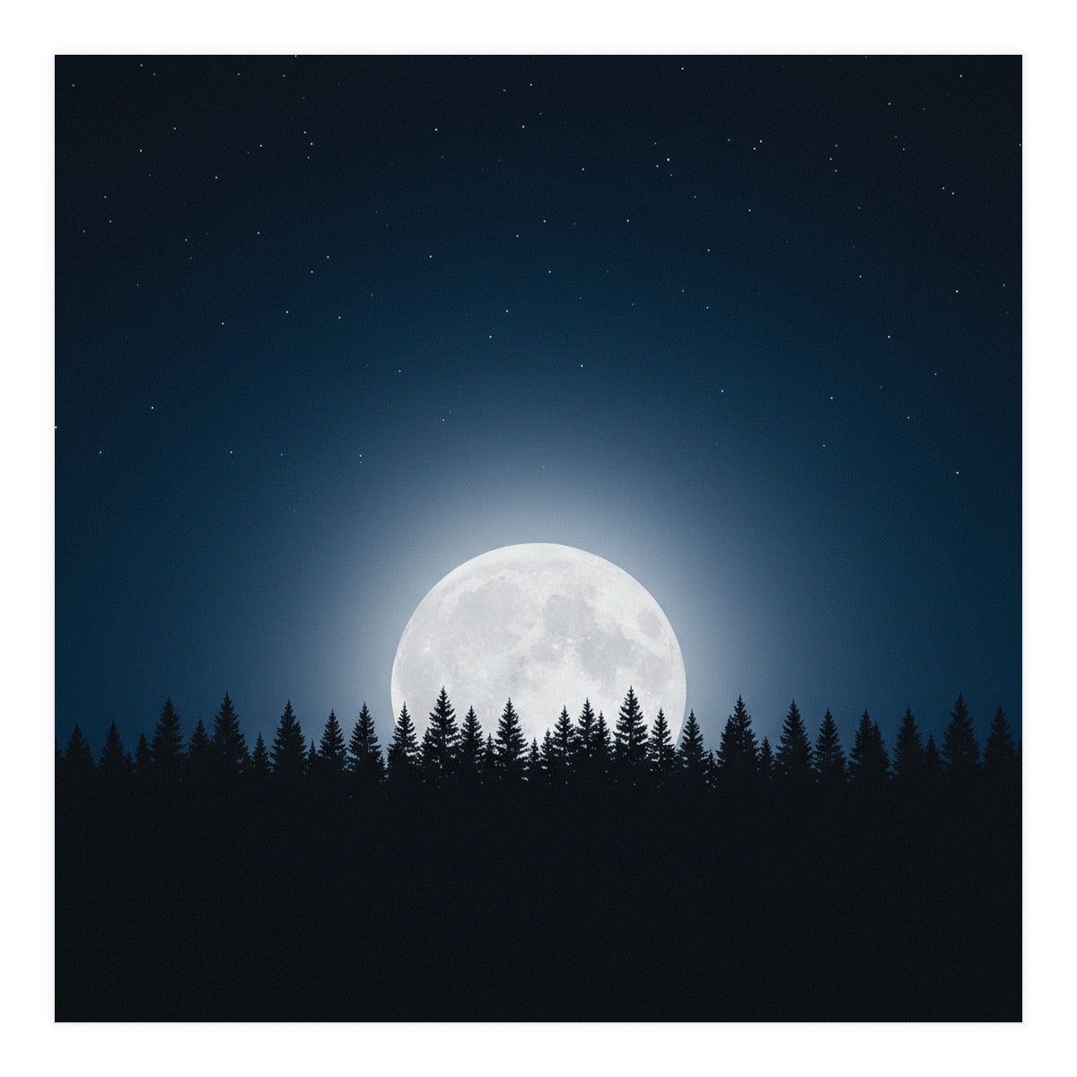 Midnight Serenity: Full Moon Over Forest Silhouettes (Print Only)
