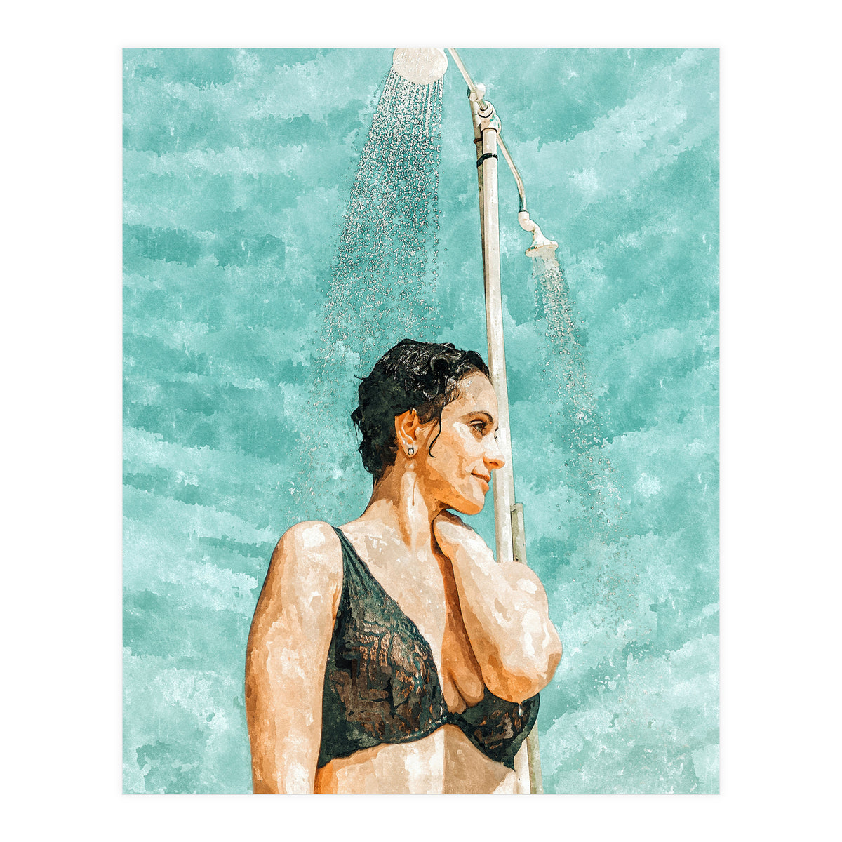 Bathe | Woman Pool Shower | Summer Swim Watercolor Painting | Brunette Bikini Boho Fashion (Print Only)
