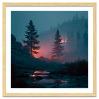 Atmospheric Twilight Pine Forest with Glowing Crimson Light
