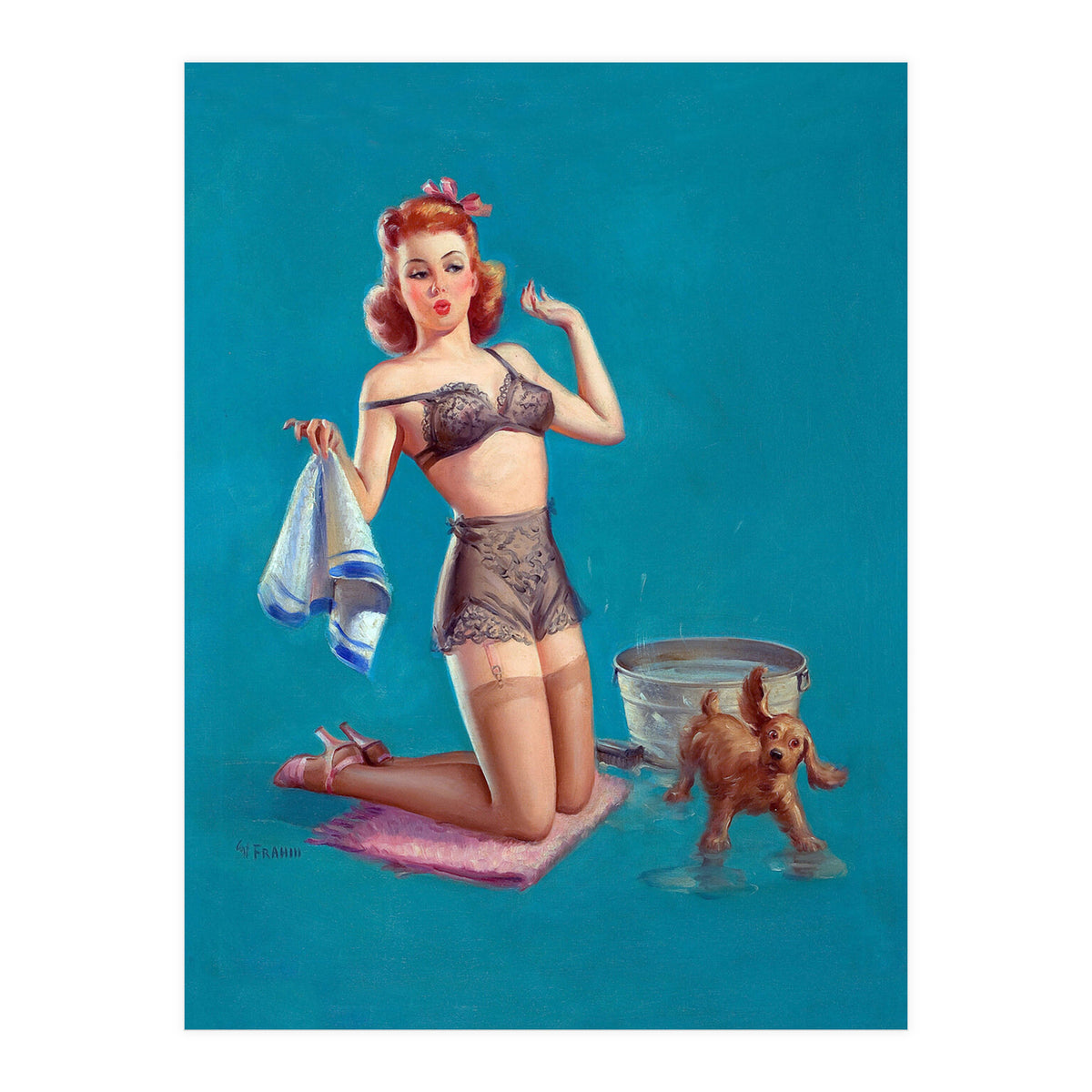 Pinup Girl Bathing A Dog (Print Only)