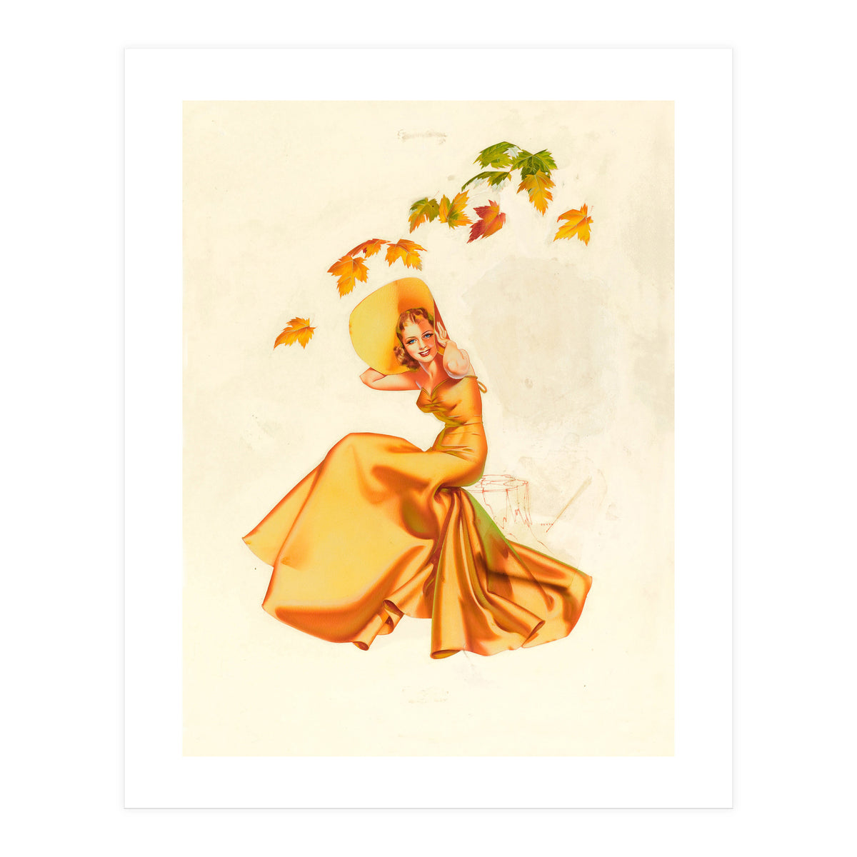 Woman Posing In Yellow Dress And Autumn Leafs (Print Only)