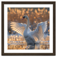 Swan Spreading Wings In Water Sunlight