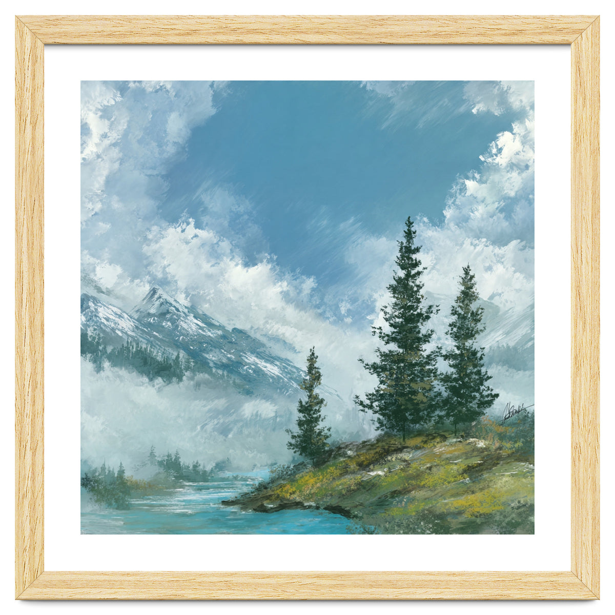 Ethereal Alpine River Valley with Snow-Capped Mountains