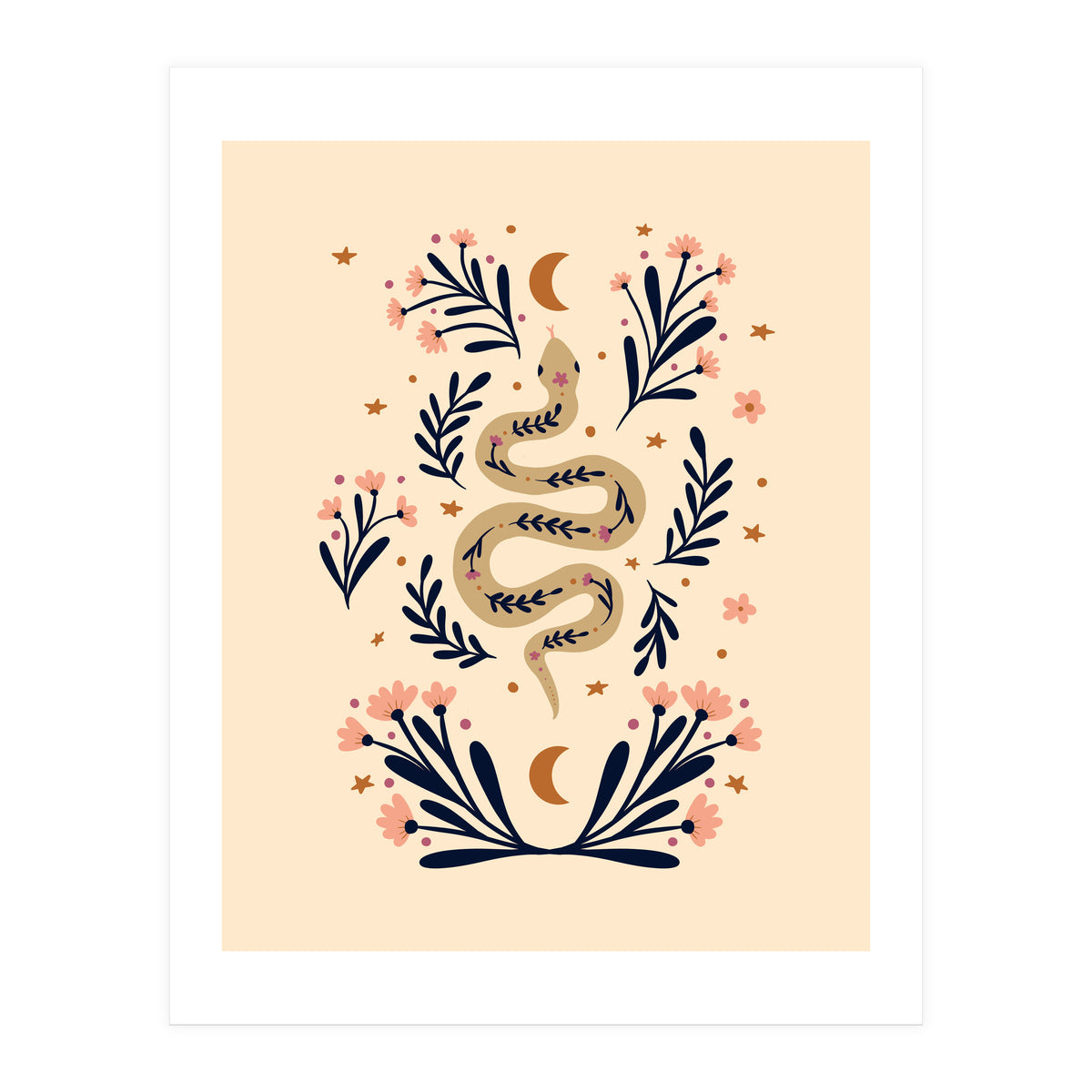 Snake And Flowers Beige And Indigo (Print Only)