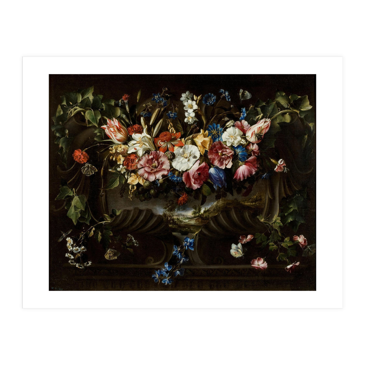 Juan de Arellano / 'Garland of Flowers with Landscape', 1652, Spanish School. (Print Only)