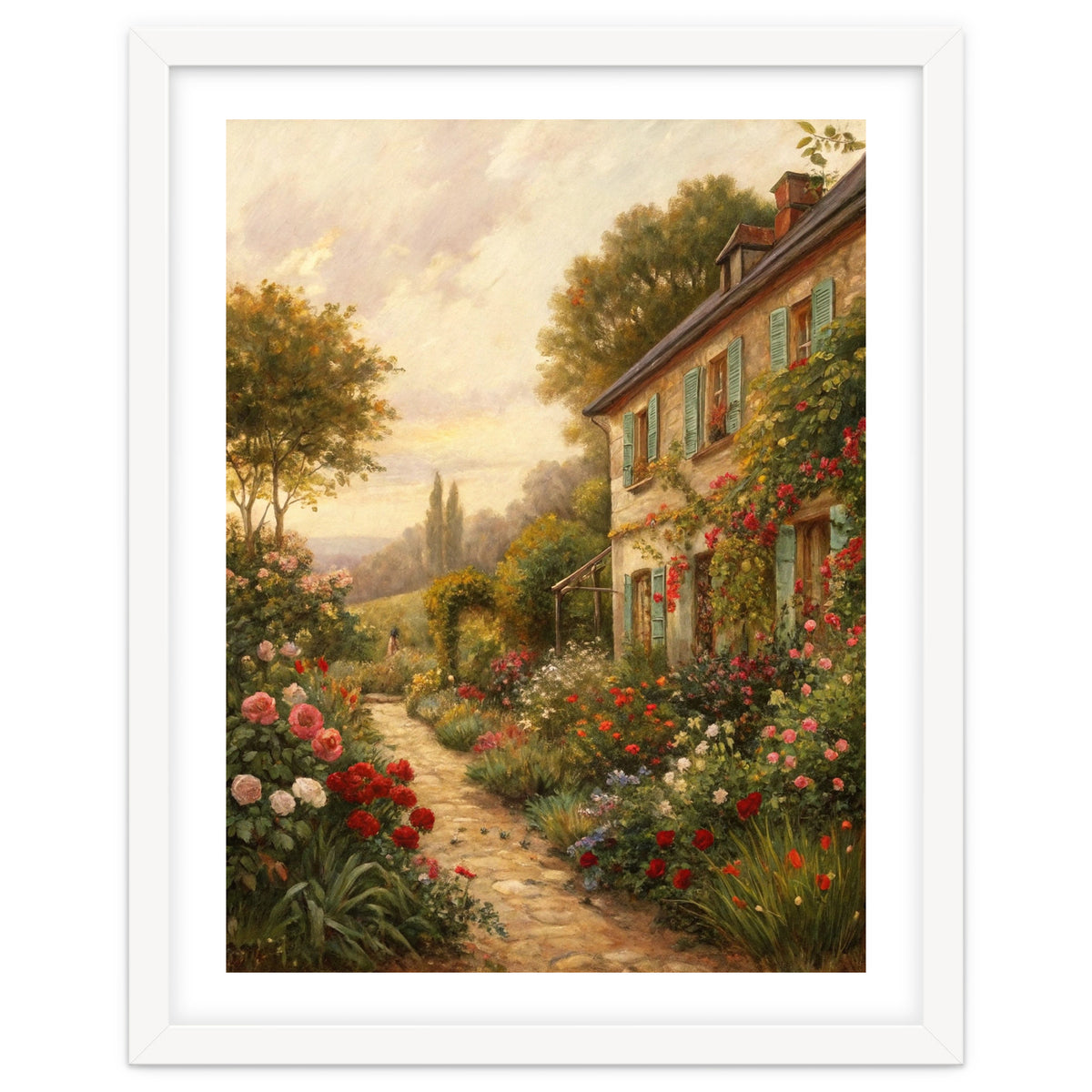 Idyllic Sunlit Cottage Garden Oil Painting